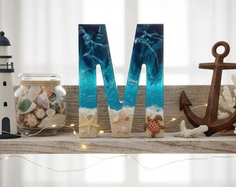 Pick Any Letter Seashell Resin Freestanding Letter | 8" Ocean Decor with Turtle