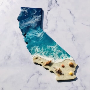 Mapa de pared personalizado de resina de playa de California de 30 cm / Arte oceánico de California / Arte mural de California / Decoración de pared de California / Decoración de pared con mapa estatal