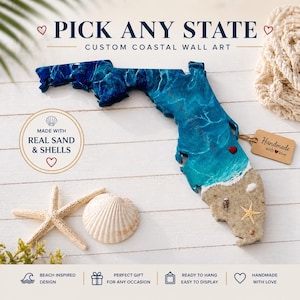 Personalized 12" Florida Beach Resin Wall Heart Map | Any State & Size Available |