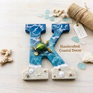 Personalized Ocean Letter | Coastal Beach Decor with Turtle, Sand, Shells | Pick Any Letter!