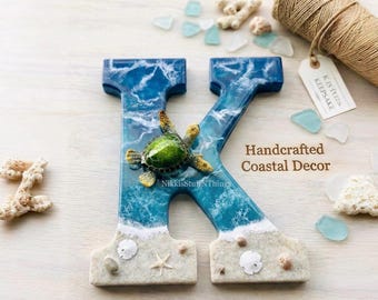 Personalized Ocean Letter | Coastal Beach Decor with Turtle, Sand, Shells | Pick Any Letter!