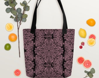 Mandala Meditation Dark Pink Lace Pattern Tote, Breathe In Breathe Out Zen Meditative Art Water Resistant Shopping Bag, Mother's Day Gift