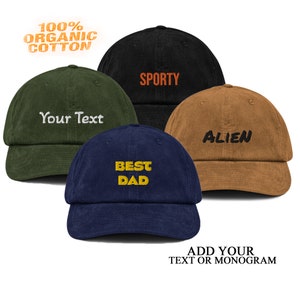 Vintage Corduroy Baseball Cap, Custom Embroidered Hat, Personalized Dad Birthday Gift, Green, Navy, Yellow, Blue, Black Cotton Gift for Him