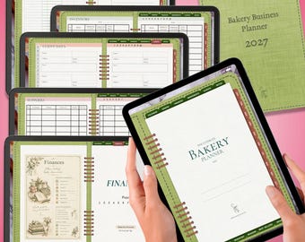 May include: A digital Bakery Business Planner 2027 displayed on multiple tablet screens. The interface features a green textured cover, tabbed navigation for orders, finances, and inventory, and pages for client data, supplier tracking, and financial logs.