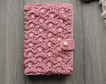 Crochet Book Cover Pattern, Puff Stitch Shell Fan Design, with Pearls (PDF Pattern)