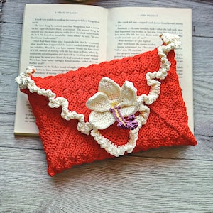 Crochet Book Clutch Pattern PDF, Puff Stitch Envelope Cover, Crochet Orchid, Ruffle Edge, Romantic Book Cover