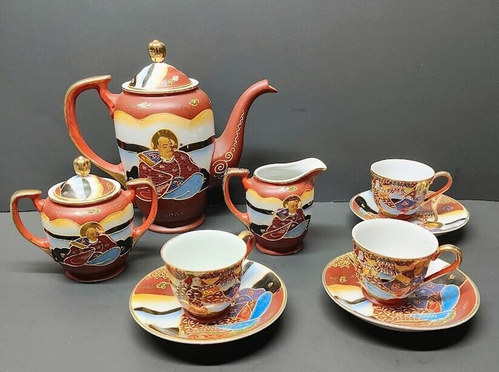 Occupied Japan COFFEE / TEA Set Moriage Satsuma Style Geisha Hand