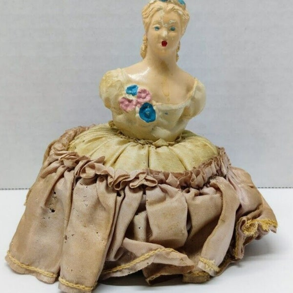 Vintage Chalkware Boudoir Pincushion half body doll, Pink and Blue