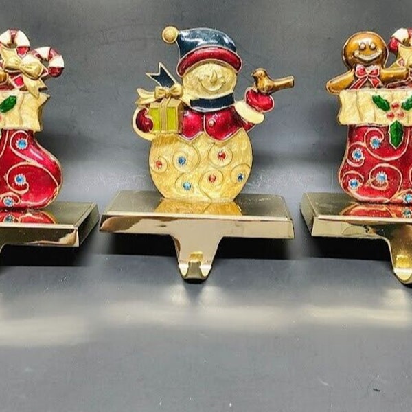 lot of 3 Vintage Jeweled Enamel Chrome Christmas Stocking Holder Hanger