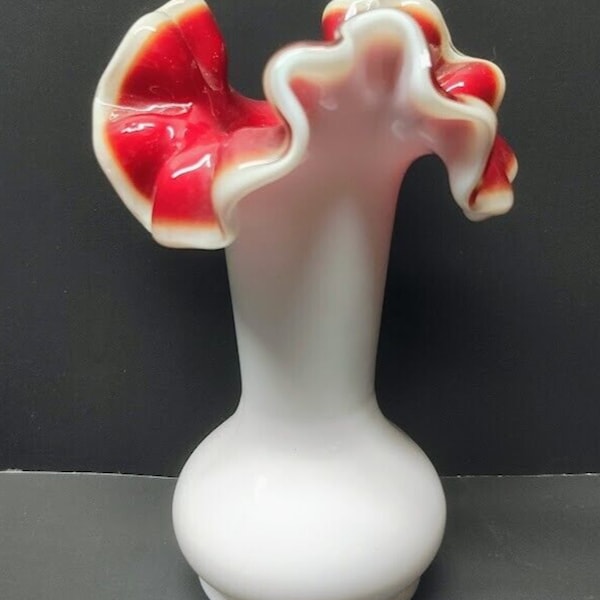 Vintage Red Cased White Glass Ruffled Rim Vase 5" Tall