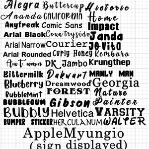 May include: A black and white image of a list of fonts, including Alegra, Buttercup, Historic, Ananda, Comic Sans, Impact, Janda, Jo Vita, DK, Jambo, Krungthep, Manly Man, Gibson, Helvetica, Varsity, and Walter. The text at the bottom of the image reads "AppleMyungio (sign displayed)".