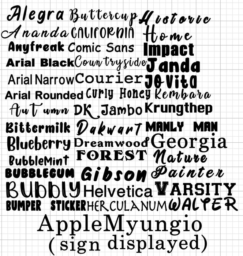 May include: A black and white image of a list of fonts, including Alegra, Buttercup, Historic, Ananda, Comic Sans, Impact, Janda, Jo Vita, DK, Jambo, Krungthep, Manly Man, Gibson, Helvetica, Varsity, and Walter. The text at the bottom of the image reads "AppleMyungio (sign displayed)".