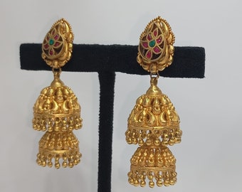 925 Silver Kundan Gold plated Jhumka, Sterling Silver Jhumka Earrings Kundan Flower Earrings Handcrafted Bollywood Traditional