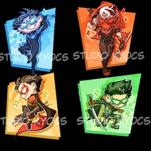 May include: Four chibi-style superhero illustrations on a black background. Each character is depicted in a dynamic pose, set against a coloured geometric shape. The characters are in shades of blue, red, and green, with the text "STUDIO KYOCS" visible.