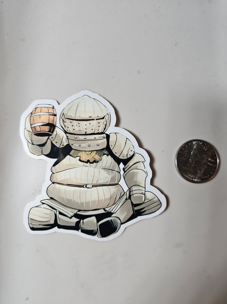 May include: A white, cartoon-style knight wearing armor and holding a small barrel in one hand. The knight is sitting down with its legs crossed. The background is a plain white surface.