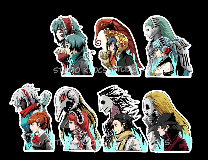 May include: A set of eight colorful stickers featuring anime characters with unique designs and poses. Each sticker has a white border and a blue flame effect.