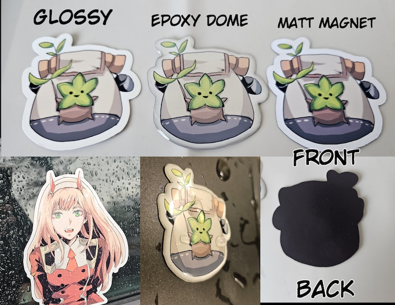 May include: Three versions of a sticker featuring a cartoon character in a pot. The sticker is available in glossy, epoxy dome, and matt magnet finishes. The character is a green plant with a smiling face and a brown pot. The text "GLOSSY", "EPOXY DOME", and "MATT MAGNET" is printed above each sticker. The text "FRONT" and "BACK" is printed below the stickers.