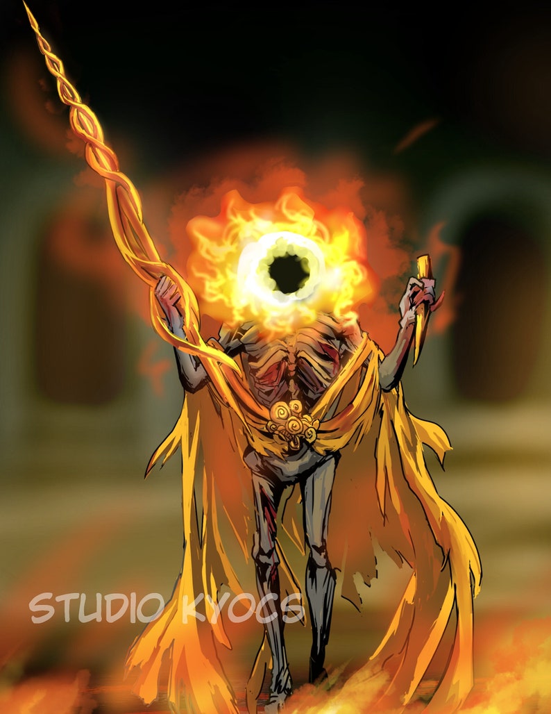May include: Digital illustration of a headless figure with a flaming head and a yellow cape. The figure holds a golden staff and a dagger, standing in a fiery environment. The text "STUDIO KYOGS" is visible at the bottom.