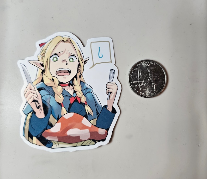 May include: A sticker featuring a cartoon illustration of a female elf character with blonde hair, wearing a blue and white outfit, holding a knife and a fork. The character is standing in front of a red mushroom. The sticker has a speech bubble with a question mark in it.