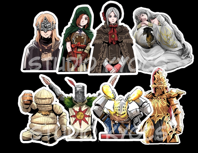 May include: A set of nine stickers featuring characters from the Dark Souls video game series. The stickers are printed on white vinyl and have a glossy finish. The characters include a knight, a sorceress, a cleric, a warrior, and a dragon.
