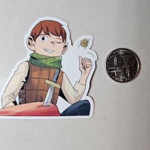May include: A cartoon sticker of a young person wearing a brown waistcoat, green scarf, and brown trousers. The person is holding a sword and tossing a gold coin in the air.