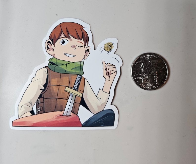 May include: A cartoon sticker of a young person wearing a brown waistcoat, green scarf, and brown trousers. The person is holding a sword and tossing a gold coin in the air.
