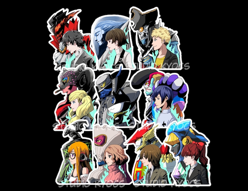 May include: A set of 12 colourful stickers featuring characters from the Persona video game series. The stickers are all in a cartoon style and feature a variety of characters, including both male and female characters. The stickers are all set against a black background.