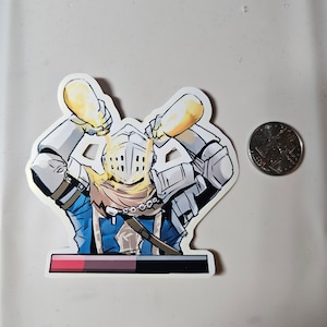 May include: A cartoon illustration of a knight in armor pouring two yellow liquids over his head. The knight is wearing a blue tunic and a chainmail collar. The background is a red and black bar.
