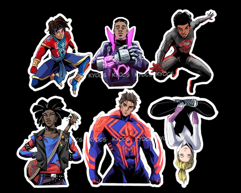 May include: Set of eight illustrated stickers featuring diverse characters in superhero poses. The stickers feature a variety of colors, including red, blue, black, white, and pink. The characters are wearing different outfits, including a red and blue suit, a black and red suit, a blue and red suit, a black and white suit, a red and blue suit, a black and white suit, a red and blue suit, and a black and white suit.