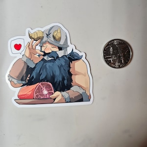 May include: A cartoon illustration of a Viking with a horned helmet holding a piece of meat. The Viking is wearing a brown leather tunic and has a beard. The Viking is looking at the meat with a loving expression. The background is a white surface.