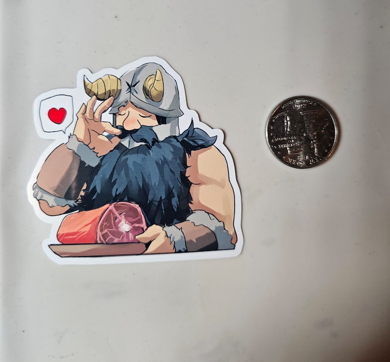May include: A cartoon illustration of a Viking with a horned helmet holding a piece of meat. The Viking is wearing a brown leather tunic and has a beard. The Viking is looking at the meat with a loving expression. The background is a white surface.