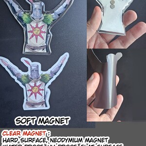May include: Clear and soft magnets featuring a knight with a sun emblem. The clear magnet has a hard, flat surface and is water and UV-proof. The soft magnet has a matte finish and a curved surface. The text on the image says "CLEAR MAGNET" and "SOFT MAGNET".