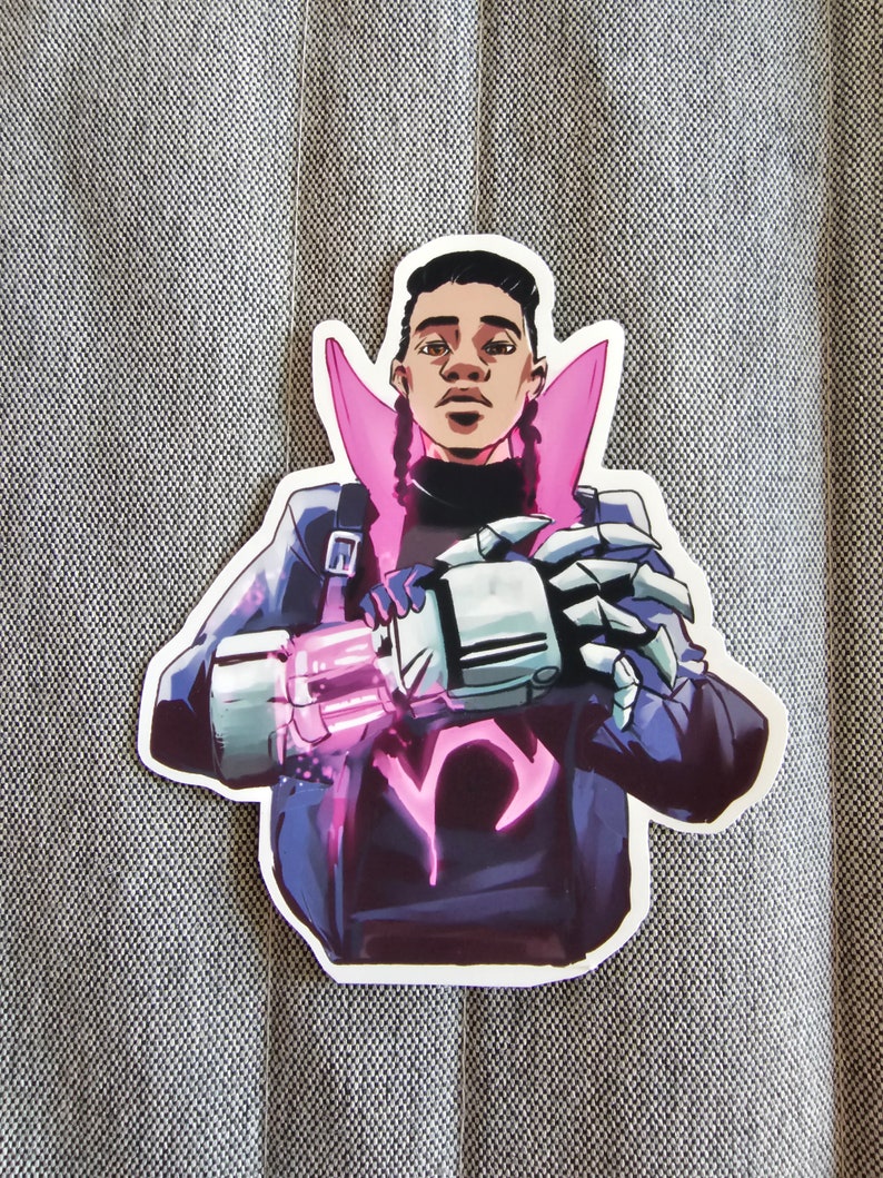 May include: A sticker featuring a cartoon illustration of a person with a pink collar and a robotic arm. The person has dark skin, black hair, and is wearing a dark blue jacket. The robotic arm is silver and has a pink glow.