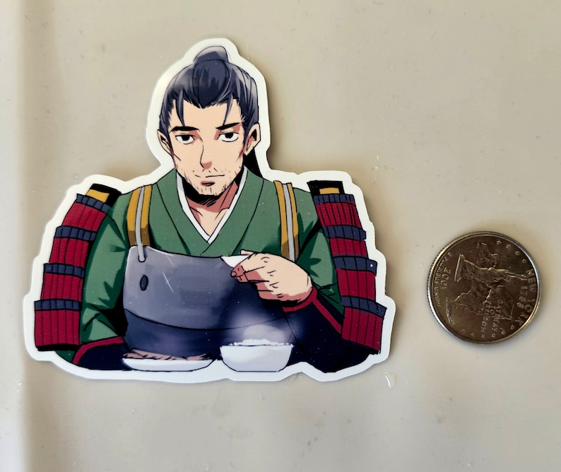 May include: A sticker featuring a cartoon man in a green and red samurai outfit, holding a bowl of food. He is seated at a table with two bowls of food in front of him.