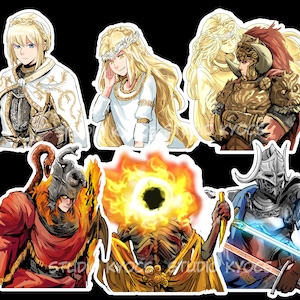 May include: A set of six illustrated stickers featuring characters from a fantasy video game. The stickers are printed on white paper with a glossy finish. The characters include a knight in white armor, a woman in a white dress, a knight in gold armor, a knight in silver armor, a creature with a snake head and a creature with a black hole in its chest.