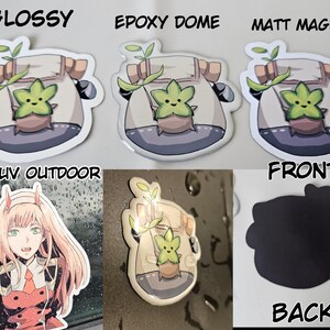 May include: Three versions of a sticker featuring a cartoon character with a green plant growing out of a white bag. The sticker is available in glossy, epoxy dome, and matt magnet finishes. The sticker is also available in an anti-UV outdoor version. The back of the magnet is black.