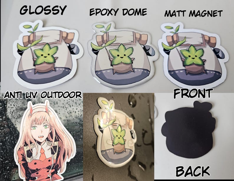 May include: Three versions of a sticker featuring a cartoon character with a green plant growing out of a white bag. The sticker is available in glossy, epoxy dome, and matt magnet finishes. The sticker is also available in an anti-UV outdoor version. The back of the magnet is black.
