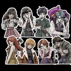 May include: A sticker sheet featuring eight anime-style characters with varied expressions and outfits, including a person holding a knife, a person with a rifle, and a purple cat-like creature. The text STUDIO KYOCS is visible across the design.