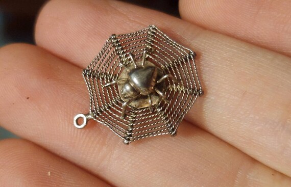 Vintage Antique Silver Spider in Web  Charm - image 3