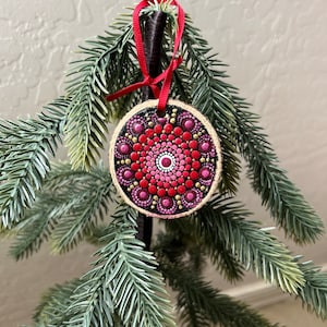 Wood Slice Christmas Holiday Ornament Red Burgundy Gold Dot Mandala