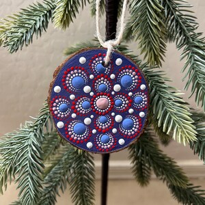 Wood Slice Christmas Holiday Ornament Purple Red White Dot Mandala