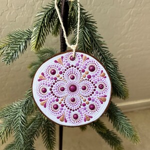 Wood Slice Christmas Holiday Ornament Purple & Plum Dot Mandala