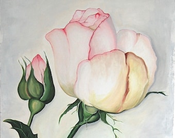 Gemälde "Rose mit Knospe" realistische Malerei, 80 cm x 80 cm