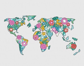 Tierra, Mapa del mundo, Floral, Silueta, Hogar dulce hogar, Salvaje, Naturaleza, Continente, Globo, Planeta, País, Diseño de bordado de máquina, 3 tamaños
