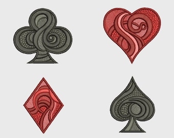 Digital, Trajes de naipes (Spade Heart Diamond Club), Diseño de bordado a máquina, Juego de bridge Poker, Traje, Original, Adorno, Broderie,