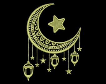 Digitale, Luna, Stella, Eid Mubarak, Arabo, Calligrafia, Disegno Ricamo Macchina, 7 taglie