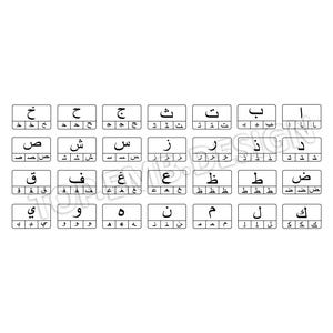 May include: A grid of Arabic alphabet letters, each within a white rectangular box. The letters are black and arranged in rows and columns, providing a visual guide for learning the Arabic script.
