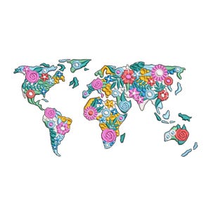 Aarde, Wereldkaart, Bloemen, Cocosilhouet, Home Sweet Home, Woeste, Natuur, Werelddeel, Wereldbol, Planeet, Land, Machine borduurwerk ontwerpen, 3 maten