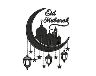 Digital, Eid Mubarak, Árabe, Caligrafía, Mezquita, Luna, Diseño de bordado de máquina, 5 tamaños