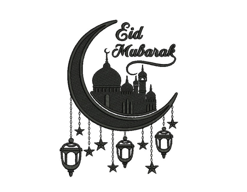 Digital, Eid Mubarak, Árabe, Caligrafía, Mezquita, Luna, Diseño de bordado de máquina, 5 tamaños imagen 1